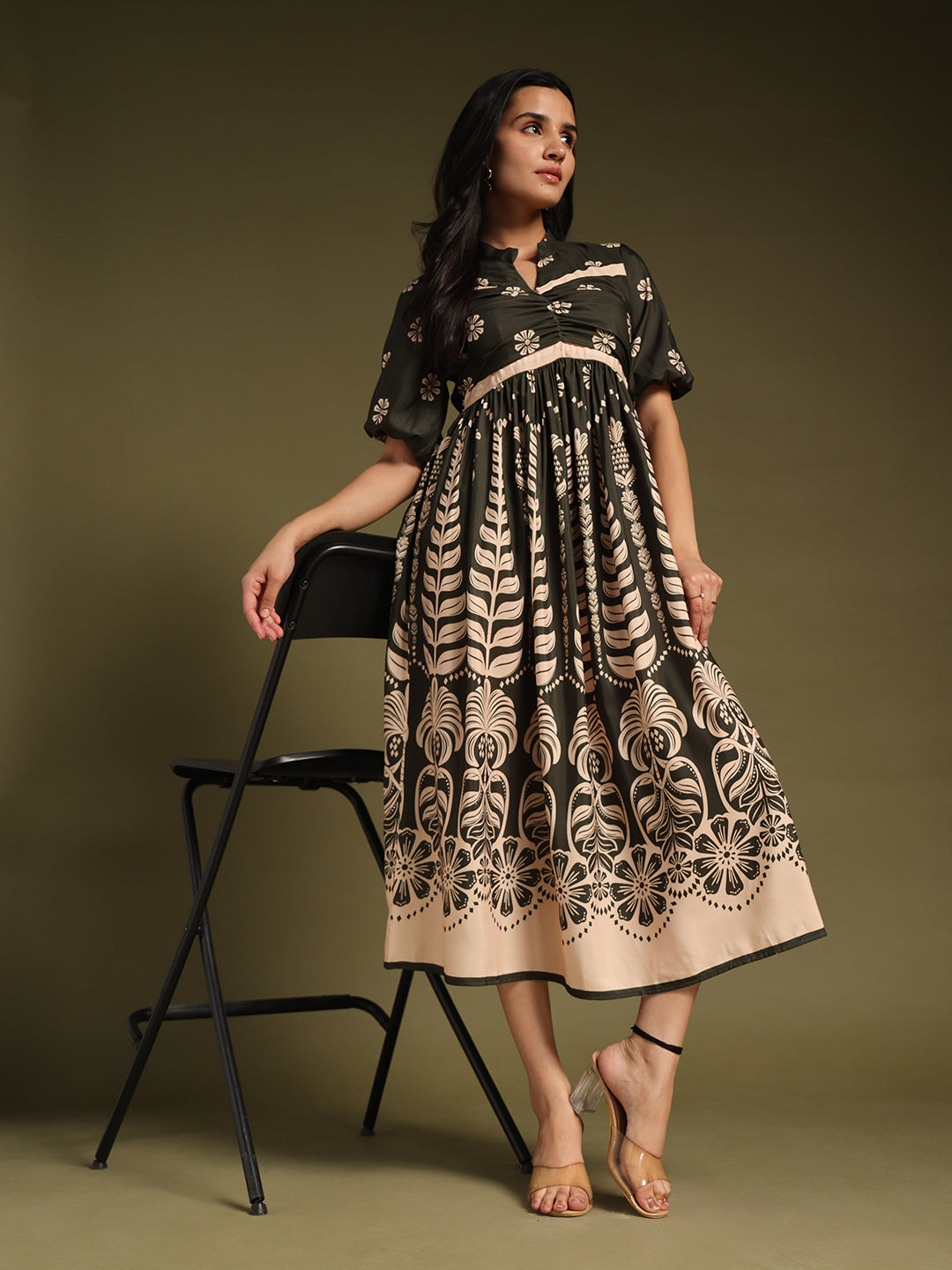 Dark mehndi Printed Fit & Flare Midi Dress