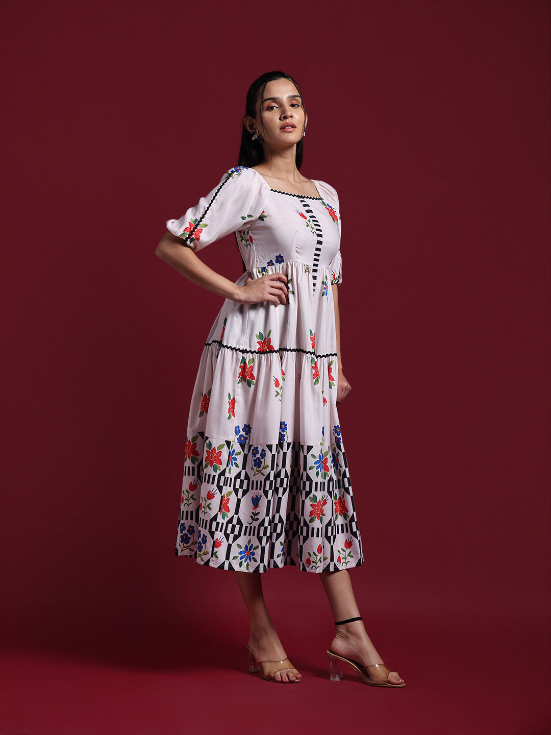 Beige Floral Printed Fit & Flare Midi Dress