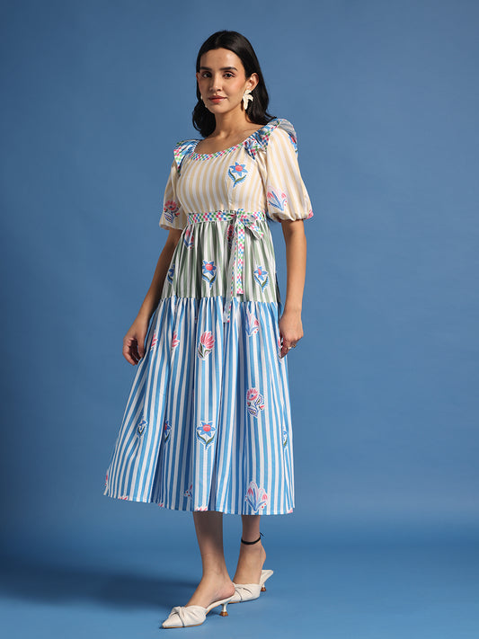 Blue & Green Striped Fit & Flare Midi Dress
