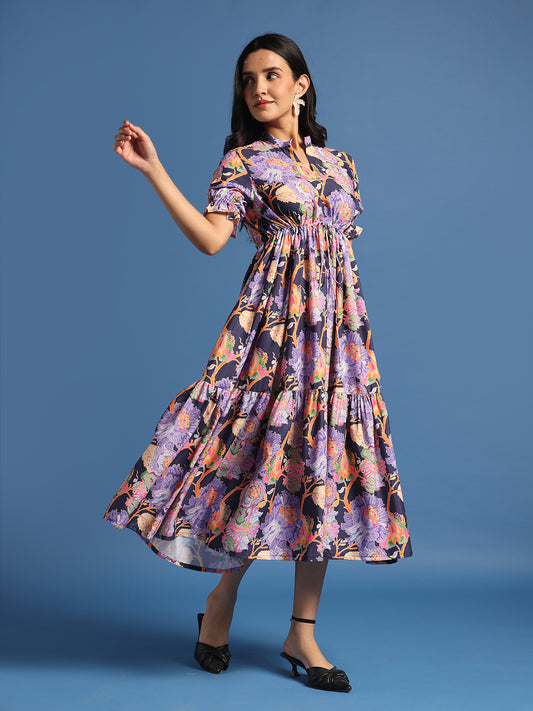 Navy Blue Floral Printed Fit & Flare Midi Dress