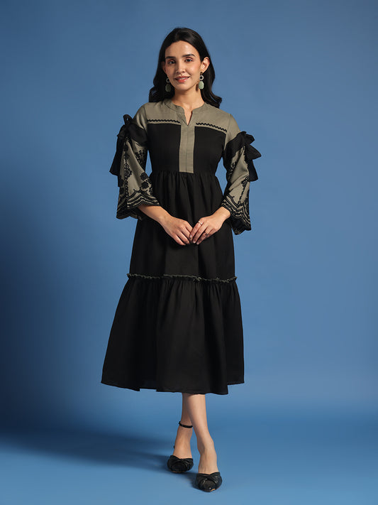 Black & Olive Fit & Flare Midi Dress
