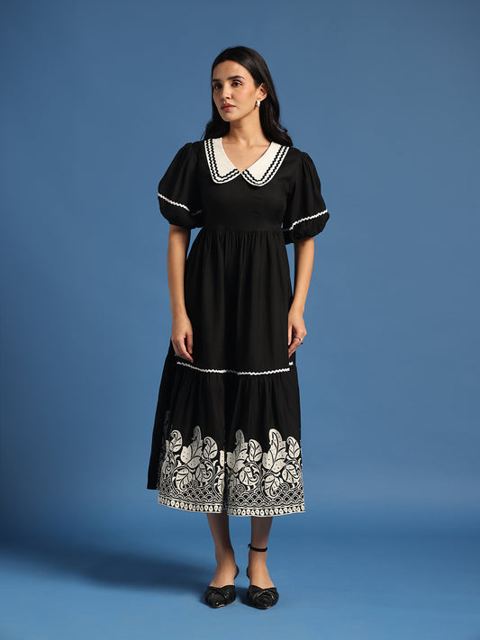 Black Embroidered Fit & Flare Midi Dress