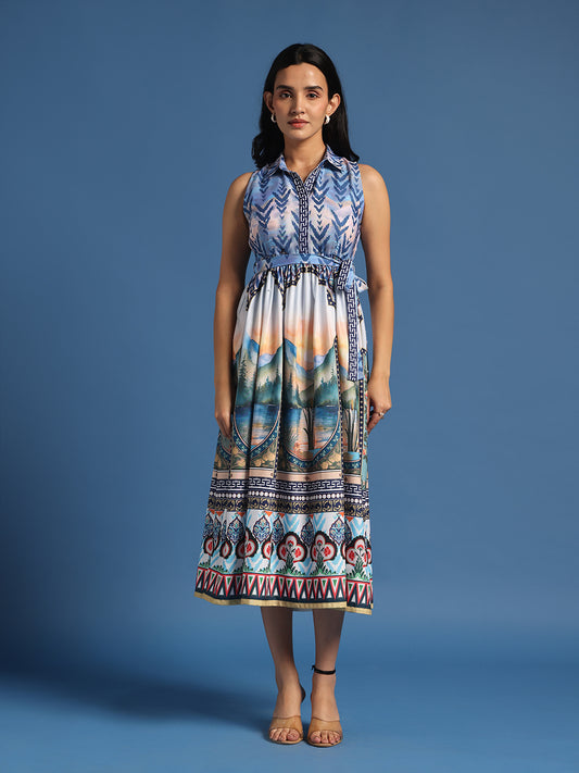 Blue Printed Fit & Flare Midi Dress