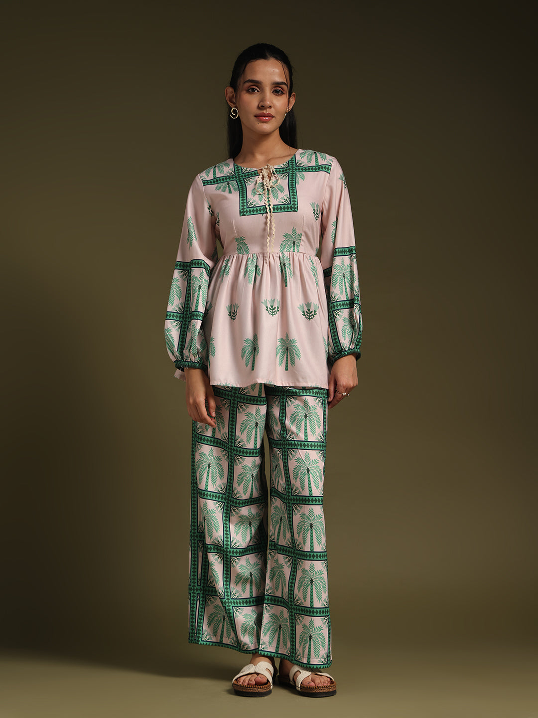 Beige & Green Printed Co-Ord Set