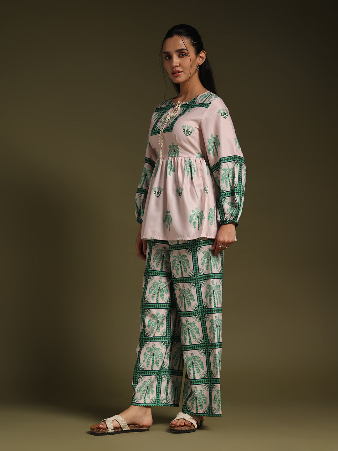 Beige & Green Printed Co-Ord Set