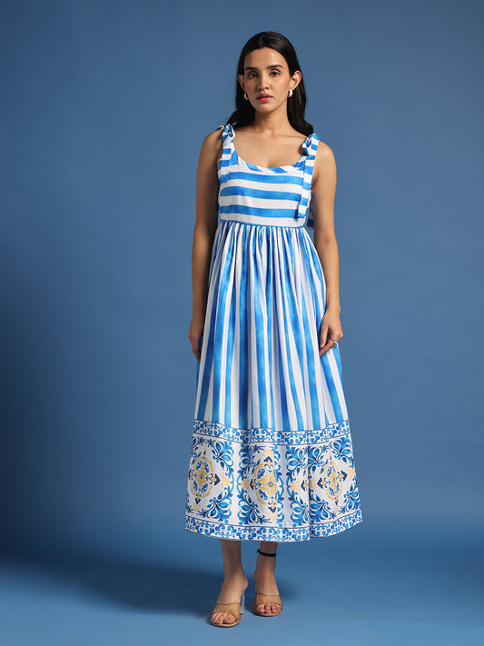 Blue & White Striped Midi Dress
