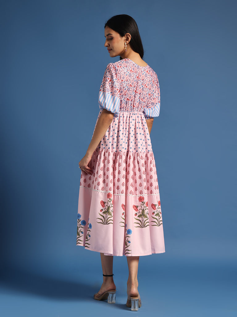 Pink Printed Fit & Flare Midi Dress