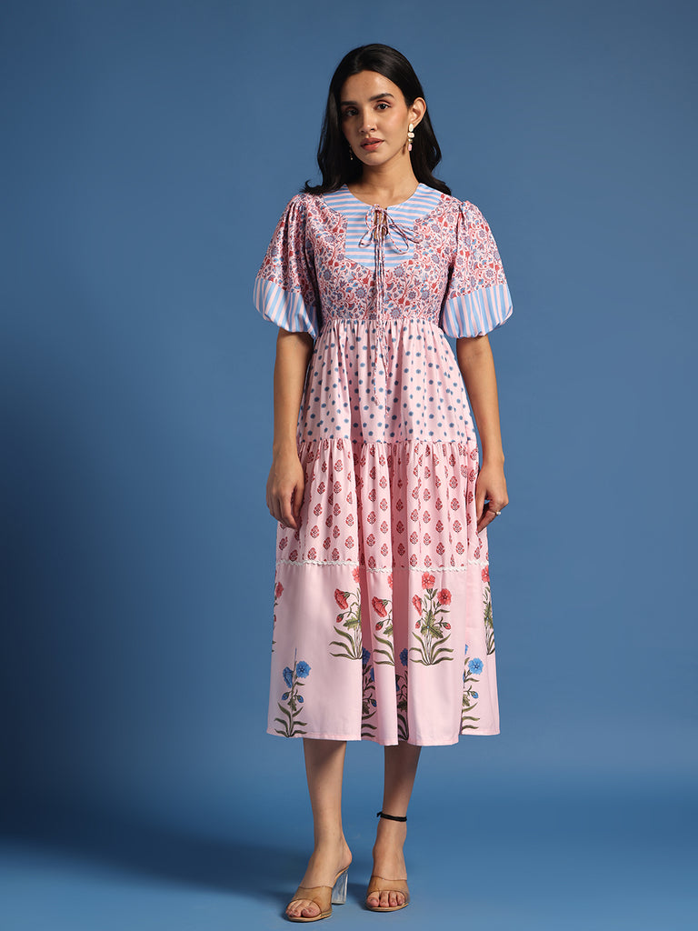 Pink Printed Fit & Flare Midi Dress