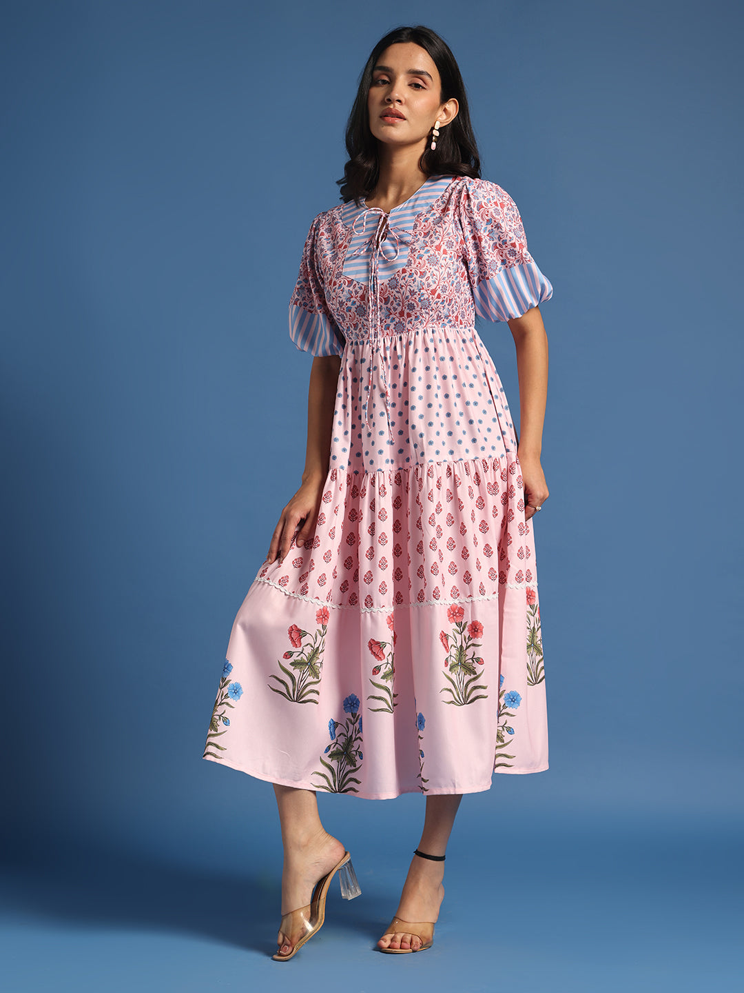 Pink Printed Fit & Flare Midi Dress