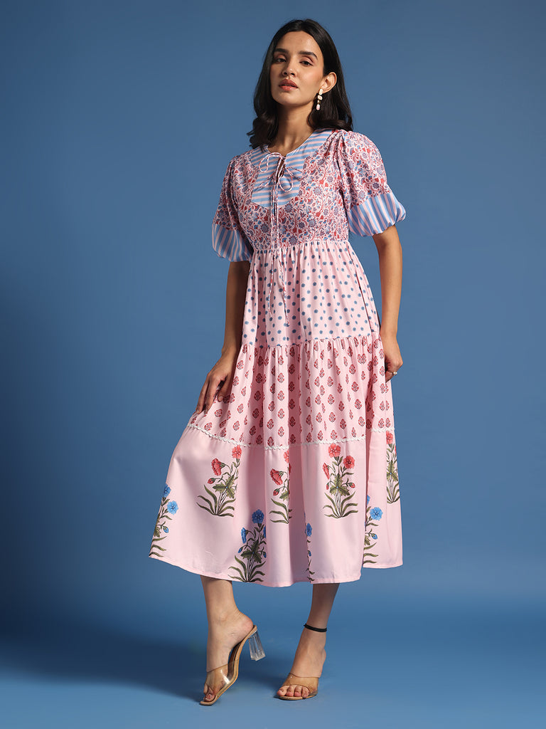 Pink Printed Fit & Flare Midi Dress