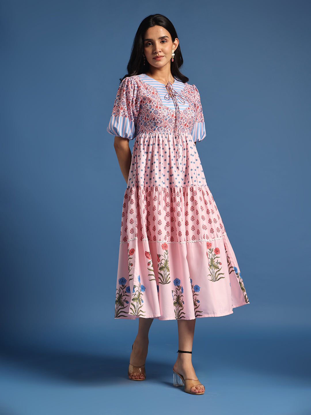 Pink Printed Fit & Flare Midi Dress