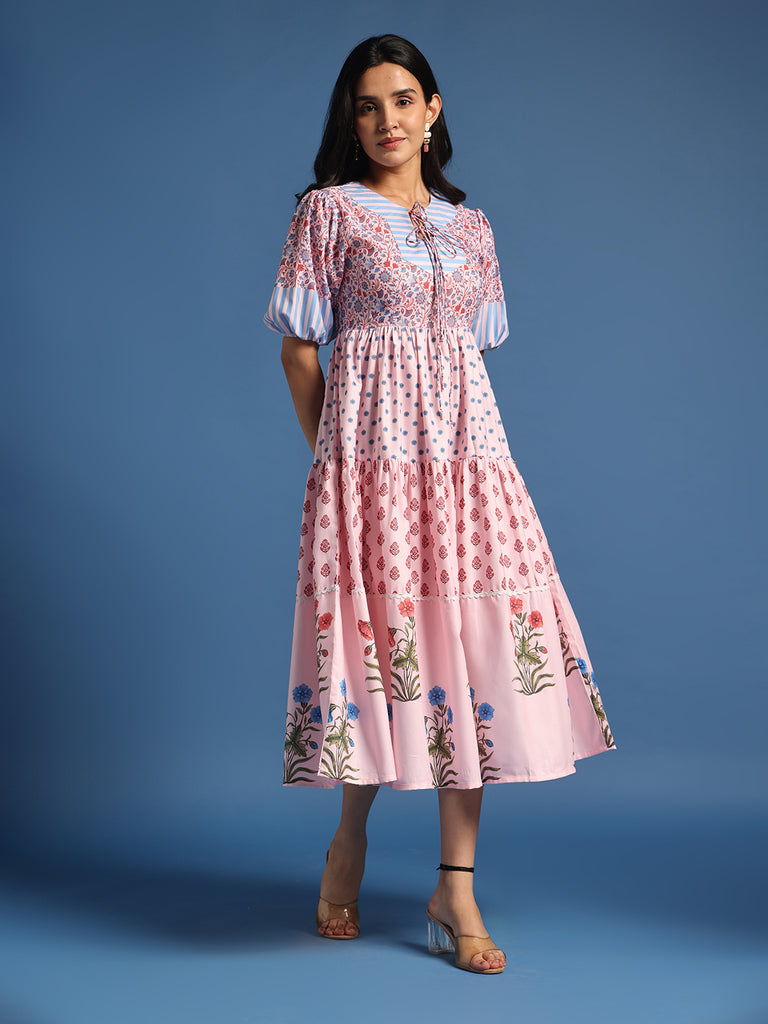 Pink Printed Fit & Flare Midi Dress