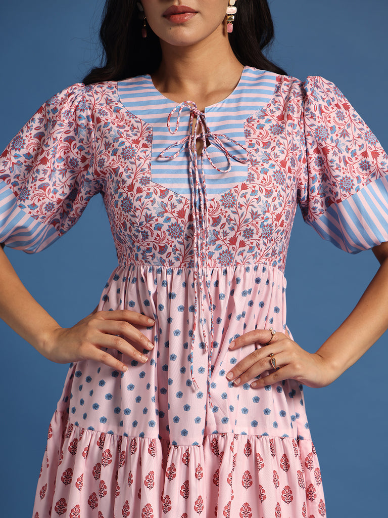 Pink Printed Fit & Flare Midi Dress
