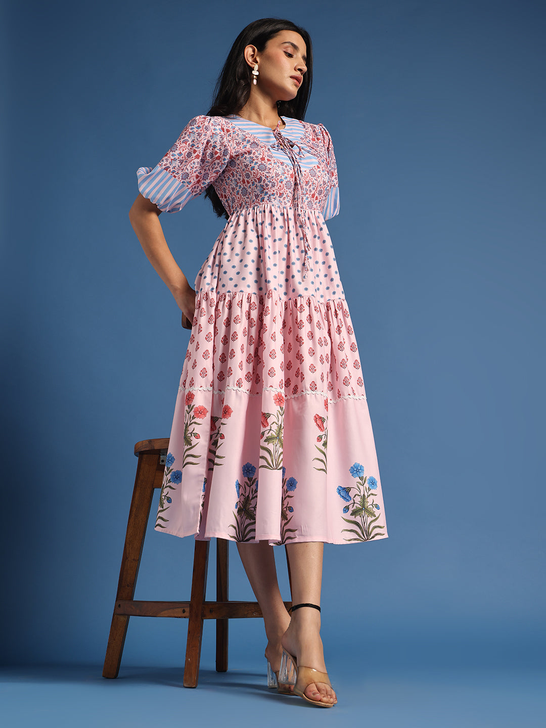Pink Printed Fit & Flare Midi Dress