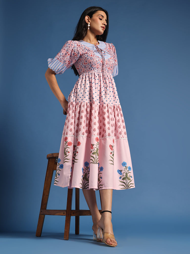 Pink Printed Fit & Flare Midi Dress
