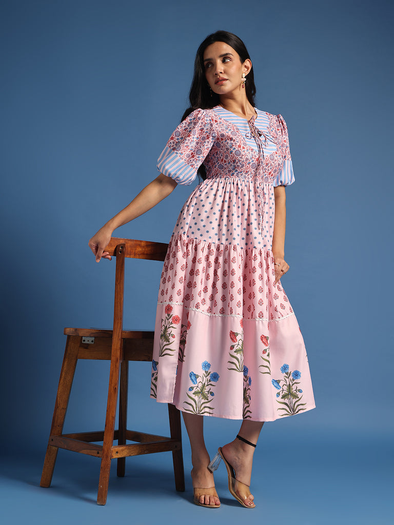 Pink Printed Fit & Flare Midi Dress