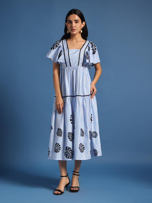 Blue & White Striped Printed Fit & Flare Midi Dress
