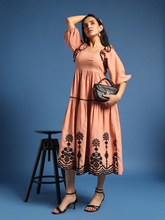 Peach Solid Midi Embroidered Dress