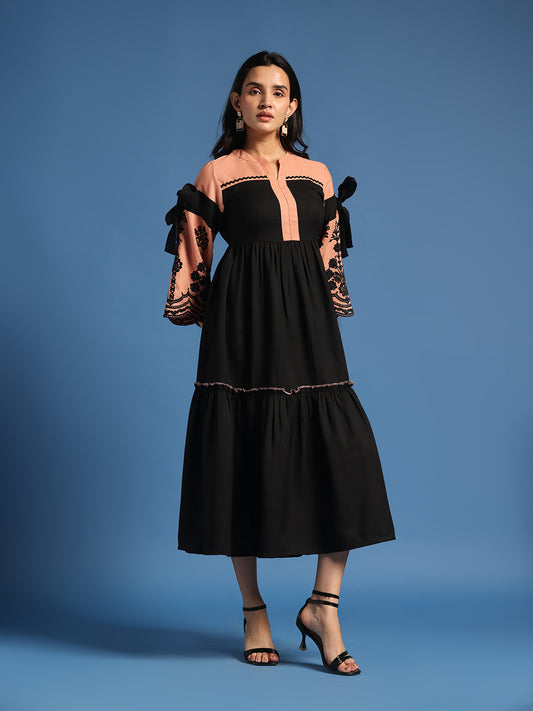Black & Peach Embroidered Midi Dress