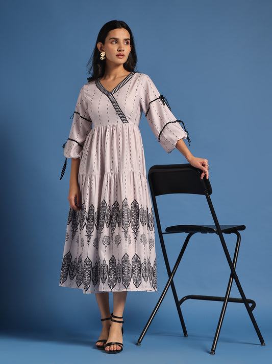 Beige Printed Fit & Flare Midi Dress