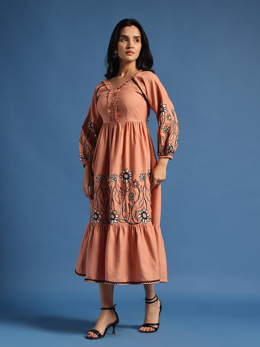 Peach Floral Embroidered Midi Dress