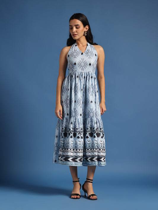 Grey Printed Fit & Flare Midi Dress