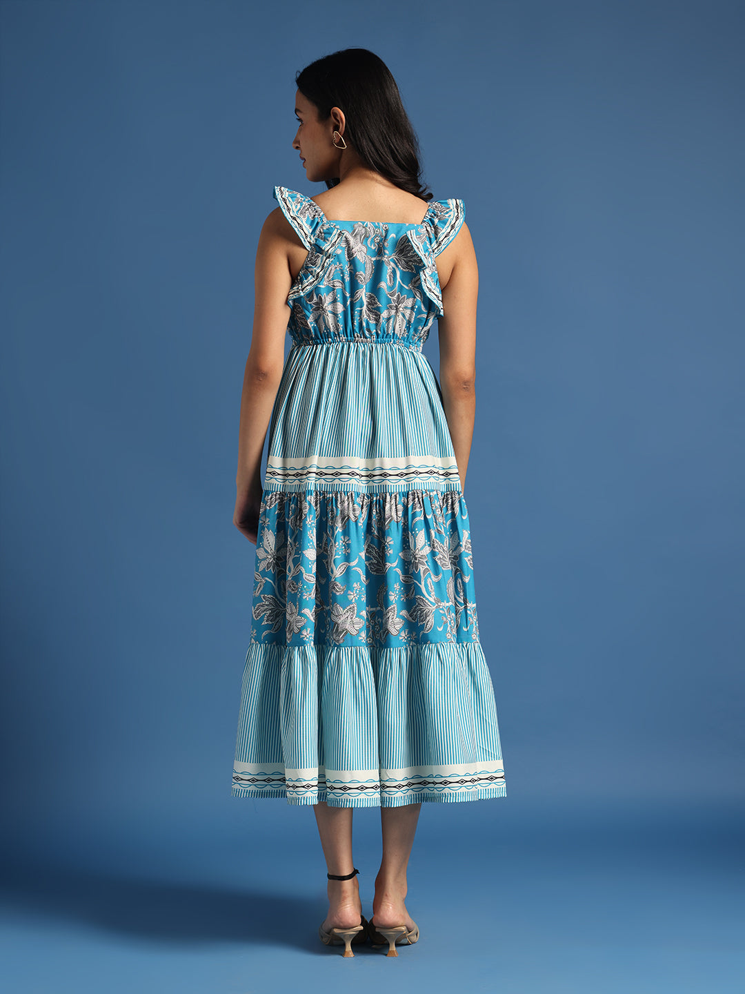 Blue Floral Printed Midi Dress