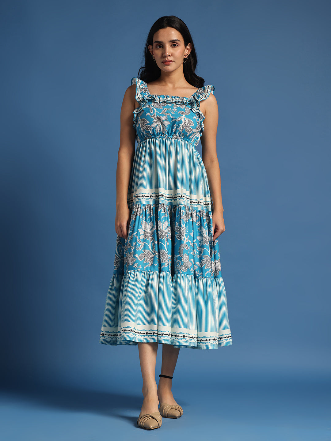 Blue Floral Printed Midi Dress