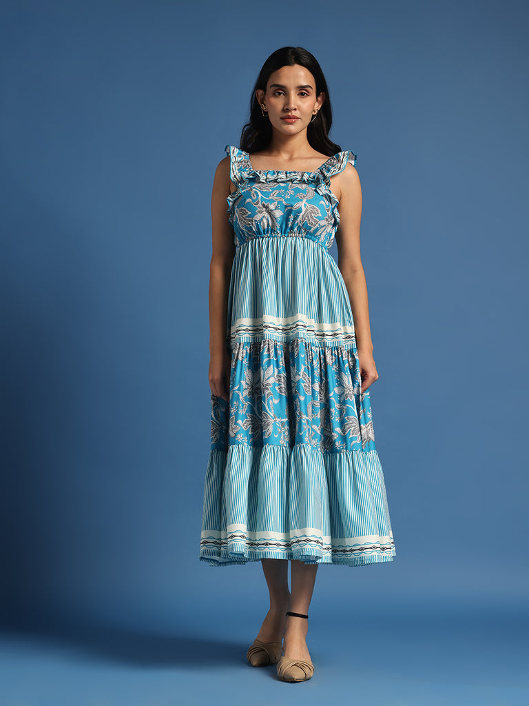 Blue Floral Printed Midi Dress