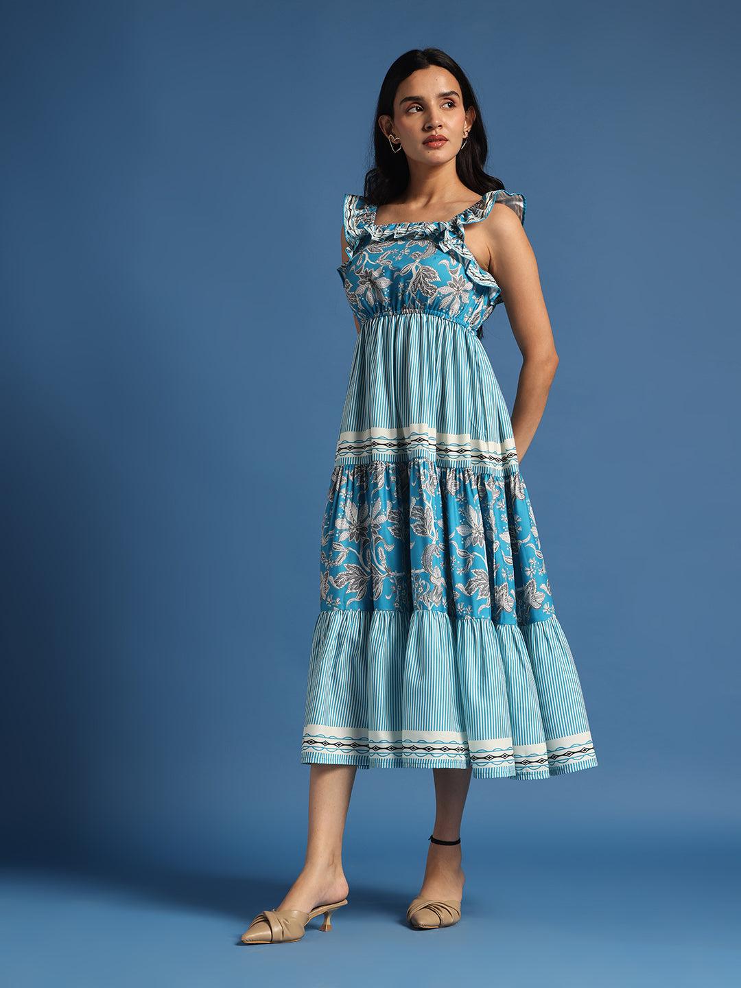 Blue Floral Printed Midi Dress