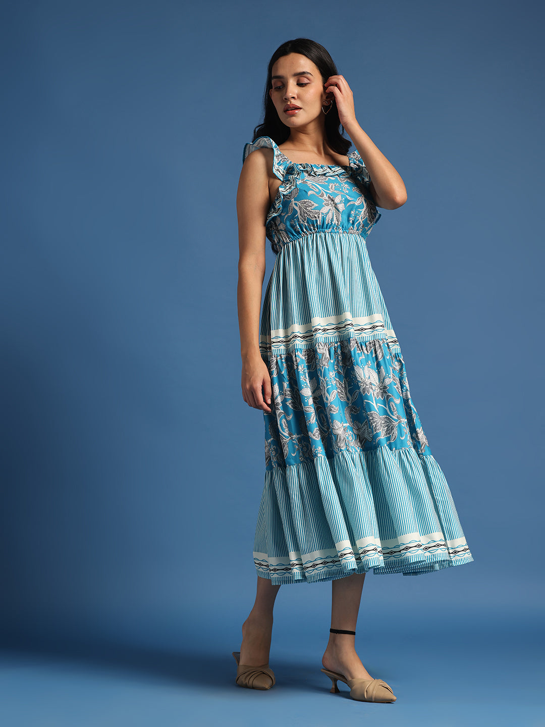 Blue Floral Printed Midi Dress