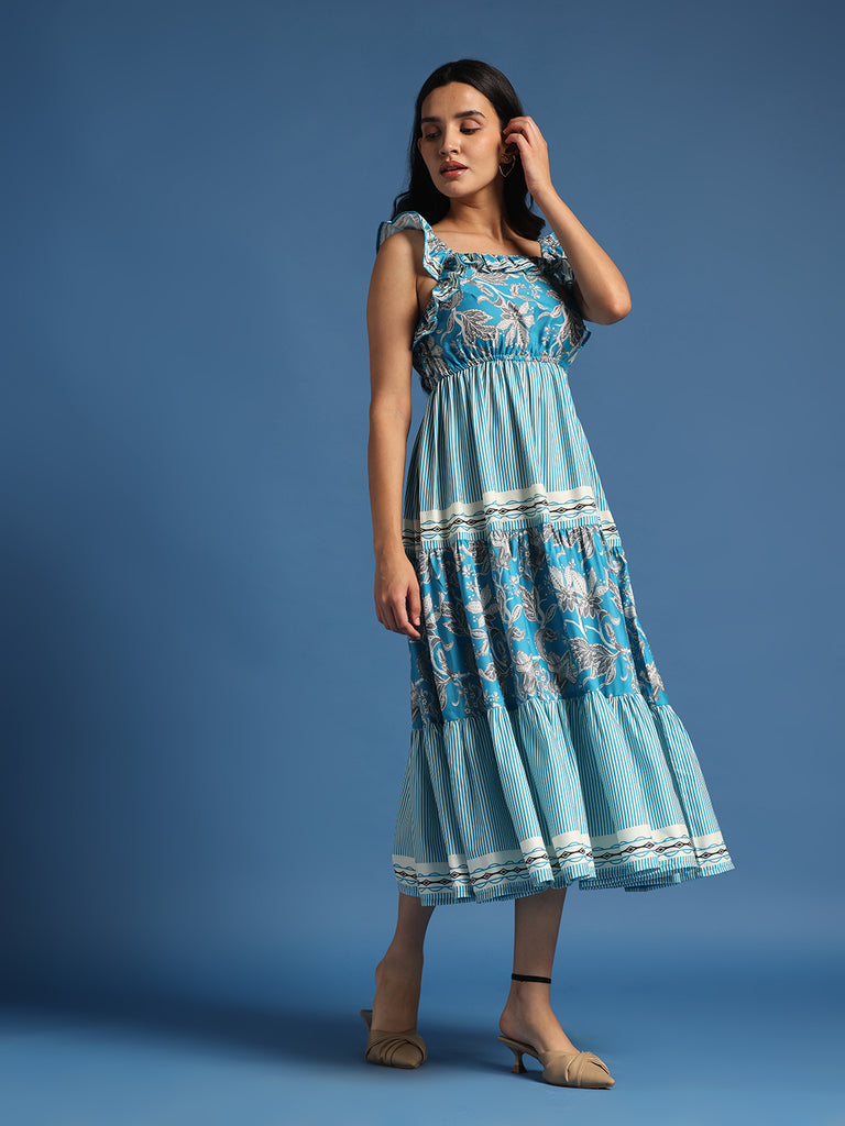 Blue Floral Printed Midi Dress