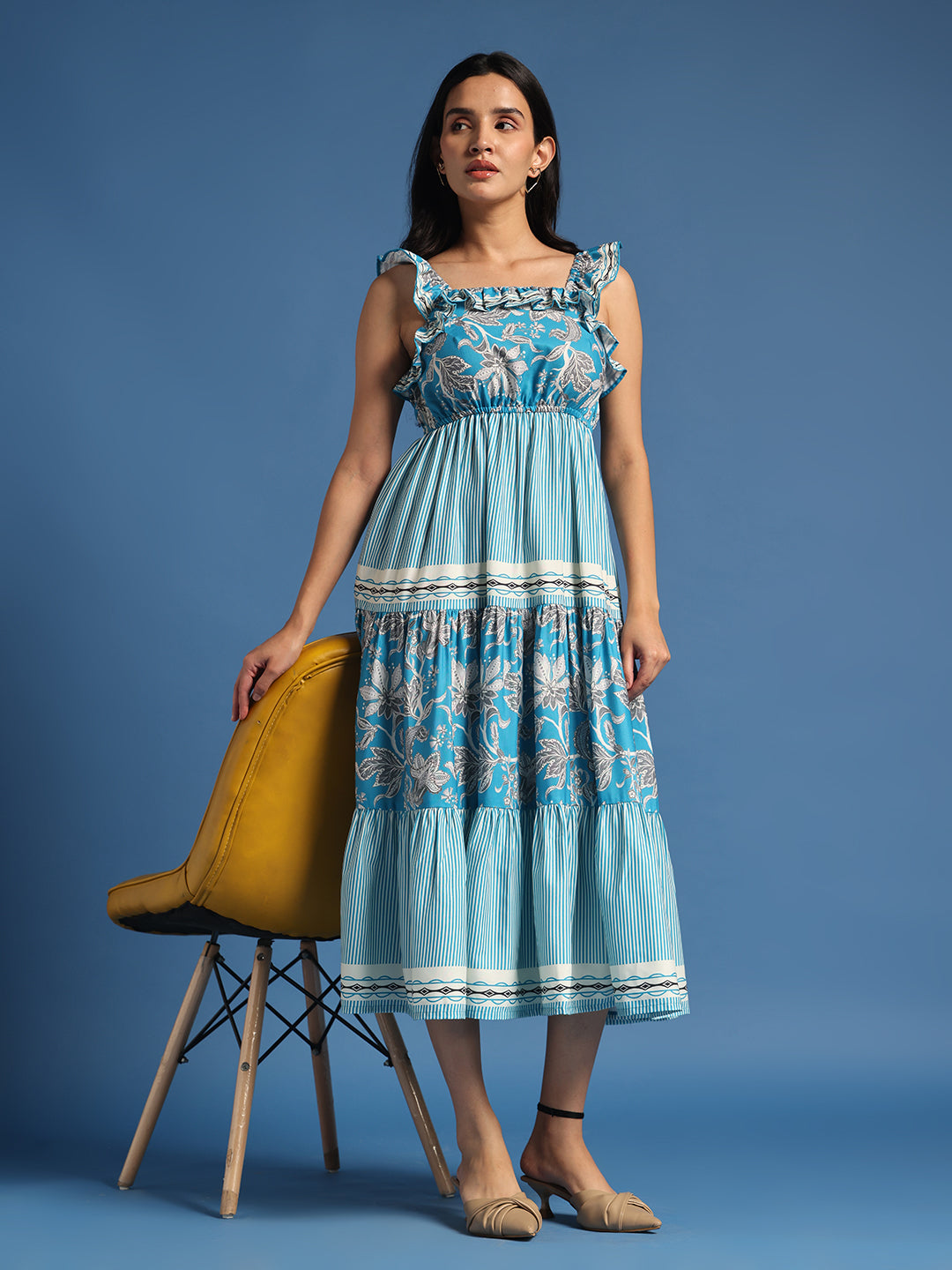 Blue Floral Printed Midi Dress