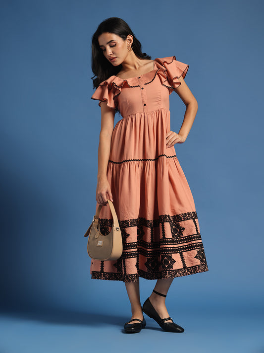 Peach Solid Fit & Flare Midi Dress