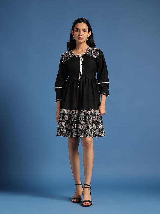 Black Fit & Flare Midi Dress with Floral Machine Embroidery