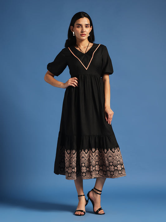 Black Fit & Flare Embroidered Midi Dress