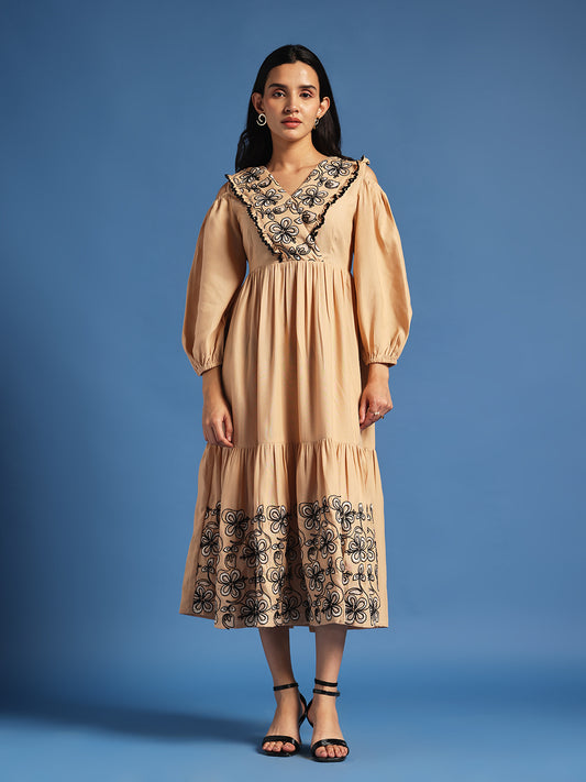 Beige Embroidered Midi Dress