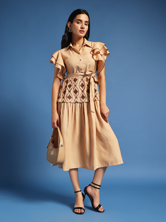 Beige Fit & Flare Midi Dress with Machine Embroidery