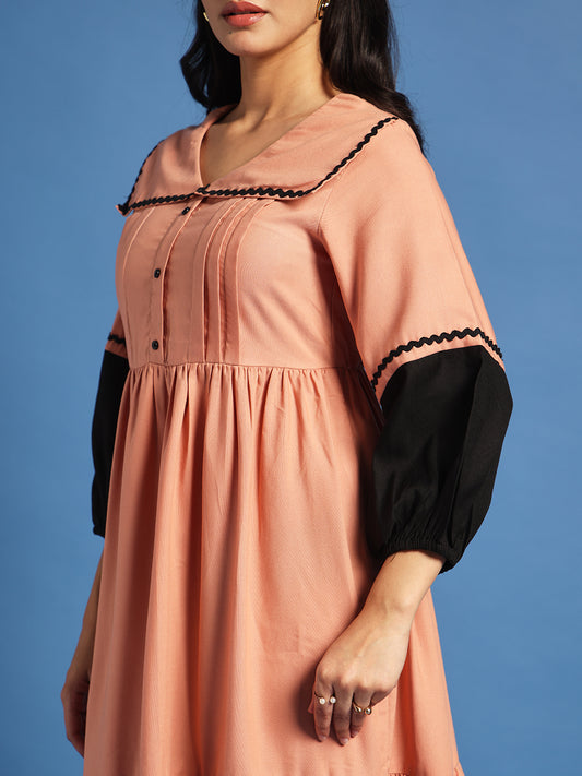 Peach Fit & Flare Midi Dress with Black Machine Embroidery