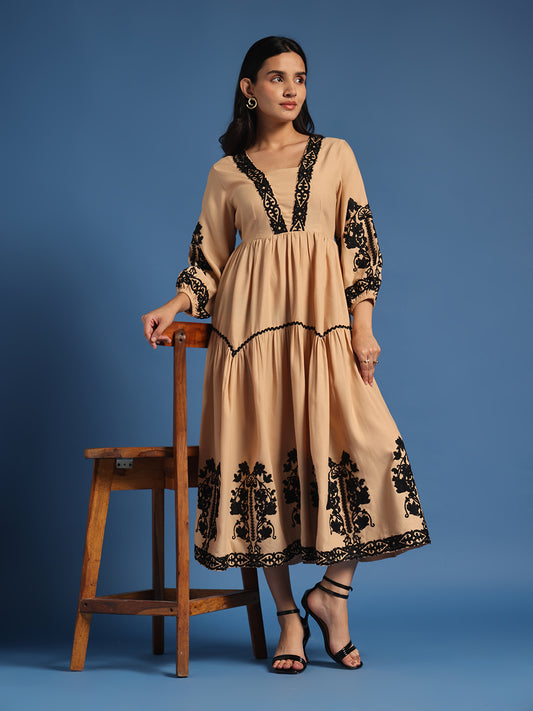 Beige Fit & Flare Midi Dress with Black Machine Embroidery