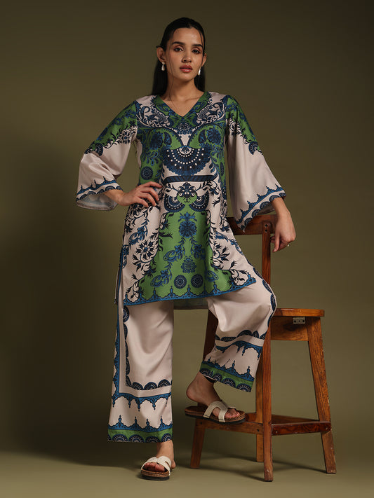 Green & Blue Printed Kurta with Palazzo Pants
