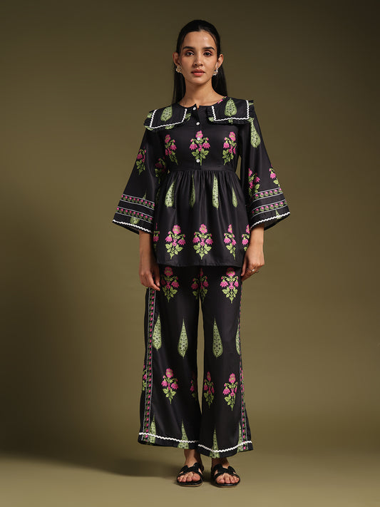 Black Floral Peter Pan Collar Top & Wide-Leg Pants