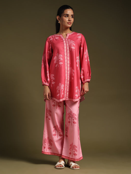Pink Printed Kurta & Wide-Leg Pants