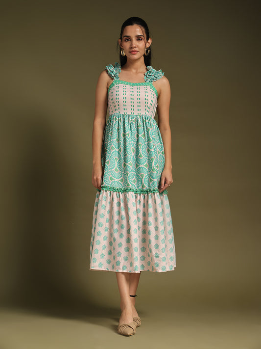 White & Green Printed Fit & Flare Best Midi Dress