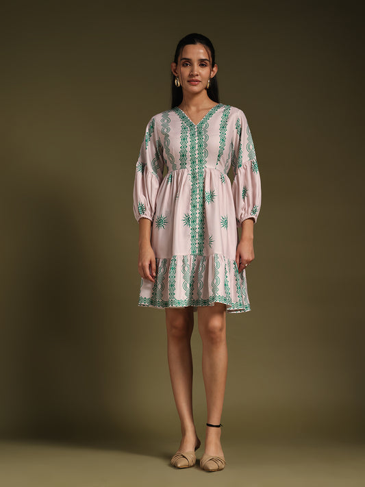 Cream & Green Printed Fit & Flare Mini Dress