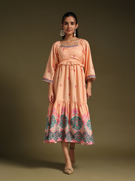 Peach Printed Midi Dress