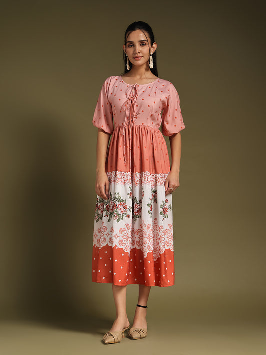 Peach Polka Dot Printed Midi Dress