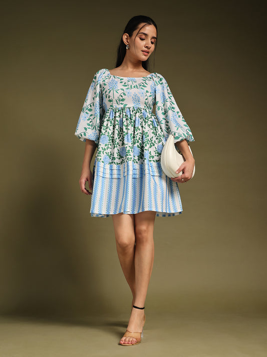 White & Sky-Blue Floral Printed Mini Dress