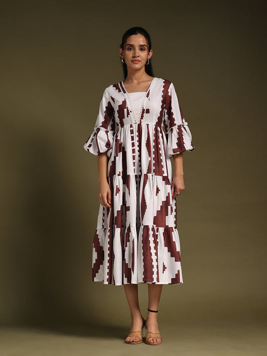White & brown Printed Midi Dress