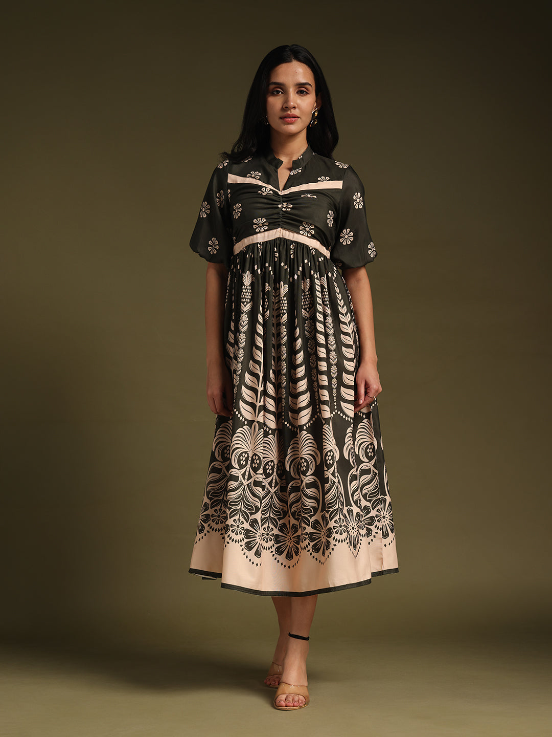 Dark mehndi Printed Fit & Flare Midi Dress